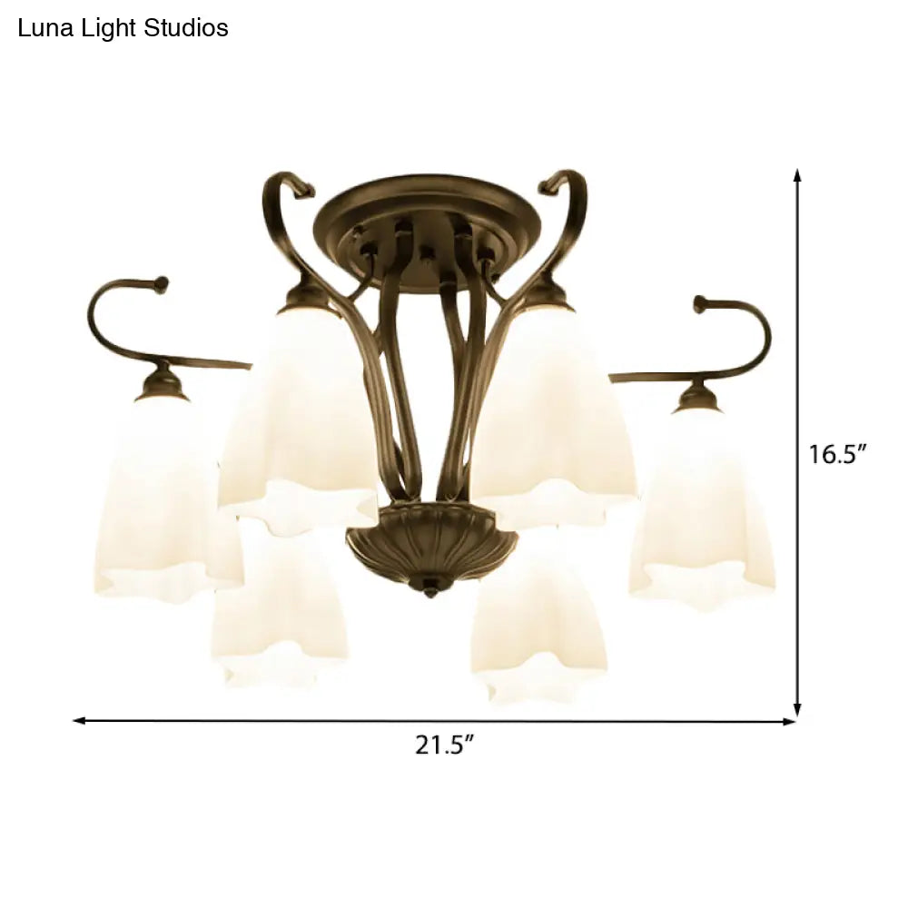 Flower-Shaped White Glass Ceiling Light Fixture With 3/6/8 Lights For Classic Living Room