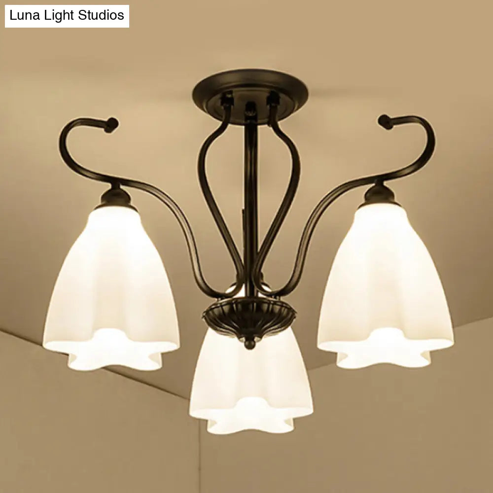 Flower-Shaped White Glass Ceiling Light Fixture With 3/6/8 Lights For Classic Living Room