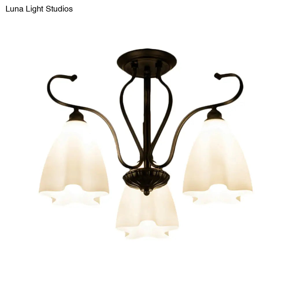 Flower-Shaped White Glass Ceiling Light Fixture With 3/6/8 Lights For Classic Living Room