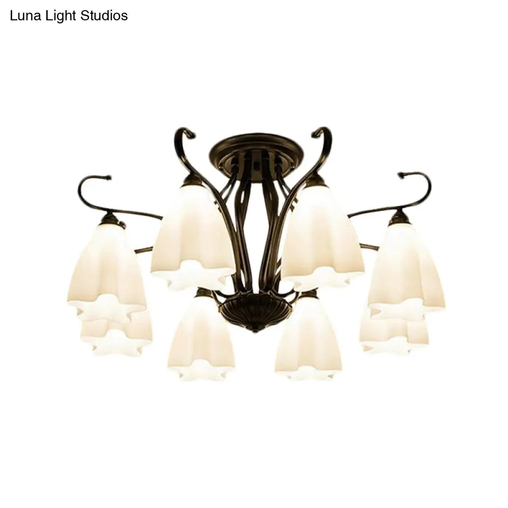 Flower-Shaped White Glass Ceiling Light Fixture With 3/6/8 Lights For Classic Living Room