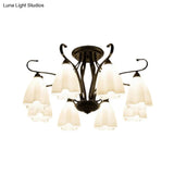 Flower-Shaped White Glass Ceiling Light Fixture With 3/6/8 Lights For Classic Living Room
