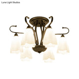 Flower-Shaped White Glass Ceiling Light Fixture With 3/6/8 Lights For Classic Living Room