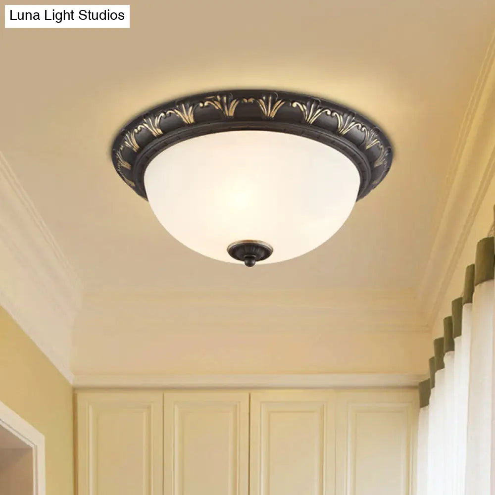 Flush Mount Ceiling Light Fixture With White Glass Dome For Bedroom - 2/3 Heads Black 12’/15.5’ W