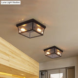 Flush Mount Farmhouse Ceiling Light With 2 Bulbs - Black Cube Design And Clear Glass Ideal For