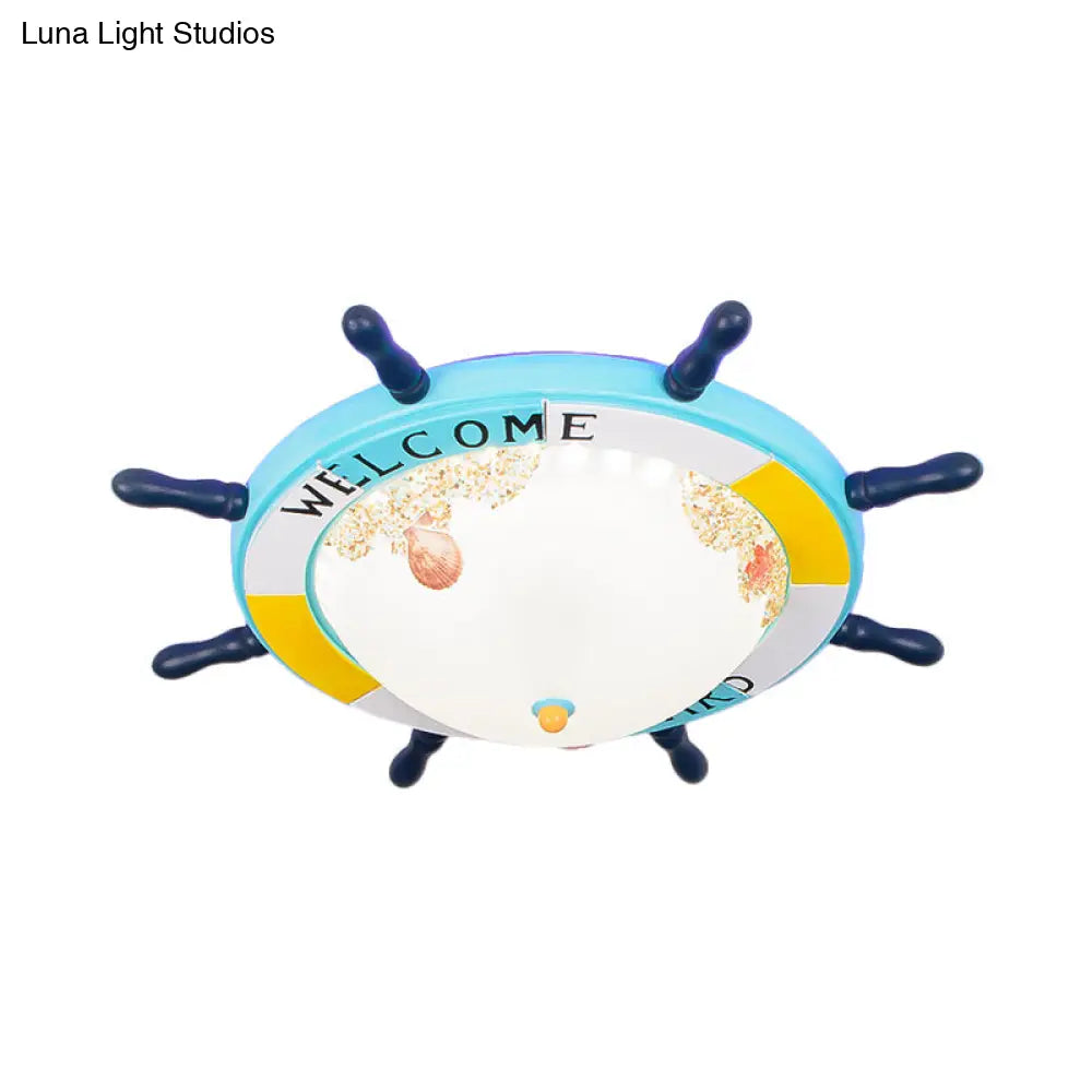 Flush Mount Wood Ship Rudder Led Ceiling Light In Mediterranean Blue/Light - Blue With Matte Glass
