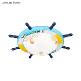 Flush Mount Wood Ship Rudder Led Ceiling Light In Mediterranean Blue/Light - Blue With Matte Glass