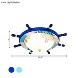 Flush Mount Wood Ship Rudder Led Ceiling Light In Mediterranean Blue/Light - Blue With Matte Glass