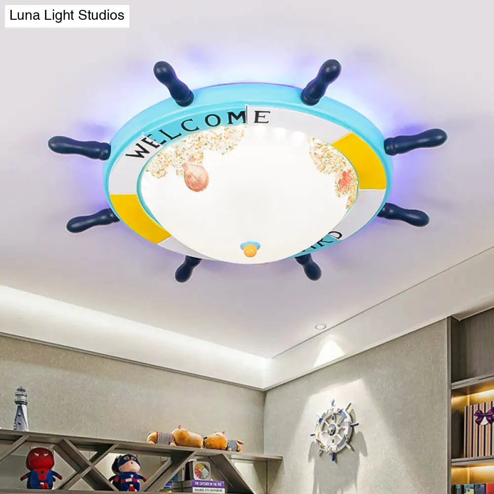 Flush Mount Wood Ship Rudder Led Ceiling Light In Mediterranean Blue/Light - Blue With Matte Glass