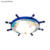 Flush Mount Wood Ship Rudder Led Ceiling Light In Mediterranean Blue/Light - Blue With Matte Glass