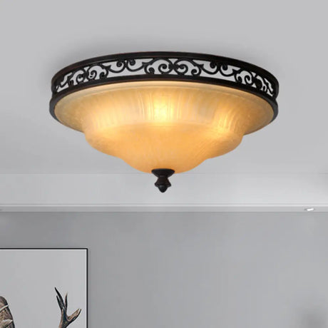 Fluted Glass Led Ceiling Light With Black Cover Lid Traditional Style For Dining Hall -