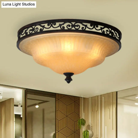 Fluted Glass Led Ceiling Light With Black Cover Lid Traditional Style For Dining Hall -