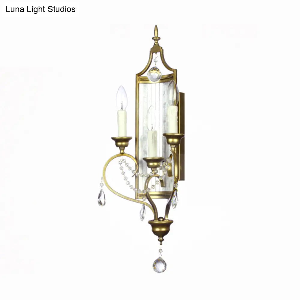 French Country Candle Sconce Lamp 3-Light Metallic Wall In Gold With Crystal Decoration