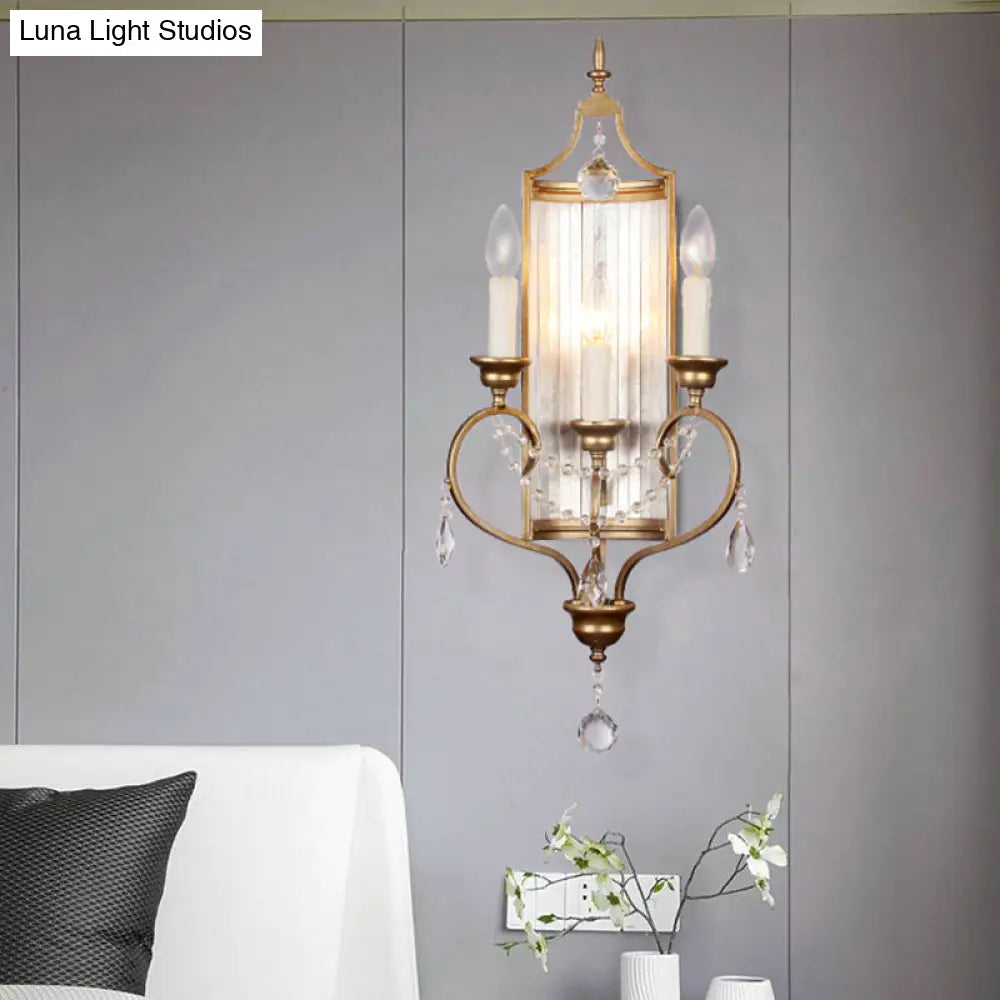 French Country Candle Sconce Lamp 3-Light Metallic Wall In Gold With Crystal Decoration