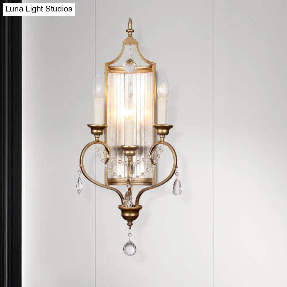 French Country Candle Sconce Lamp 3-Light Metallic Wall In Gold With Crystal Decoration