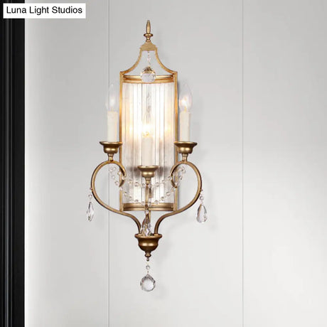 French Country Candle Sconce Lamp 3-Light Metallic Wall In Gold With Crystal Decoration