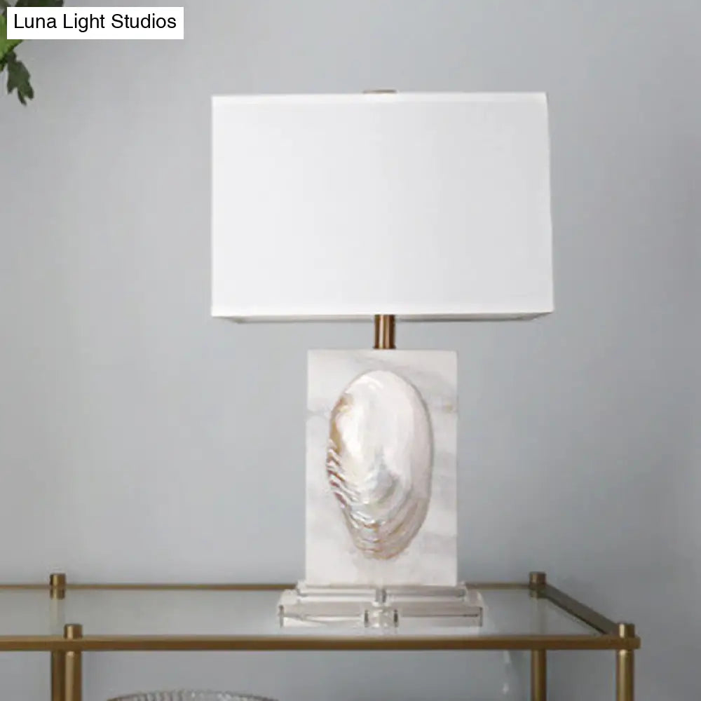 French Country Fabric Rectangle Living Room Table Lamp - White Nightstand Light With Shell