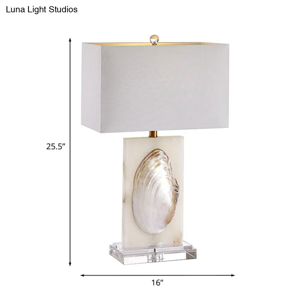 French Country Fabric Rectangle Living Room Table Lamp - White Nightstand Light With Shell
