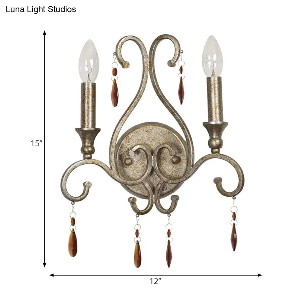 French Country Iron Candle Wall Sconce With Crystal Deco - Aged Silver 2-Light Fixture
