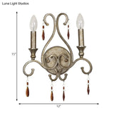 French Country Iron Candle Wall Sconce With Crystal Deco - Aged Silver 2-Light Fixture