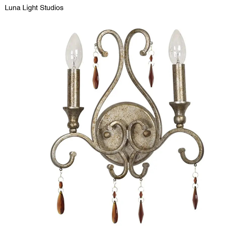French Country Iron Candle Wall Sconce With Crystal Deco - Aged Silver 2-Light Fixture