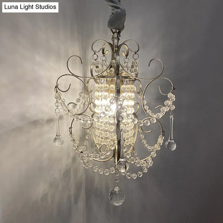 French Country Metal Scroll Bedside Pendant Light With Crystal Bead