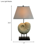 French Country Spiral Shell Night Lamp With Pyramid Fabric Shade - White Resin Table Lighting