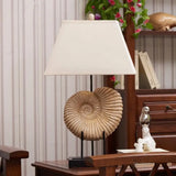 French Country Spiral Shell Night Lamp With Pyramid Fabric Shade - White Resin Table Lighting