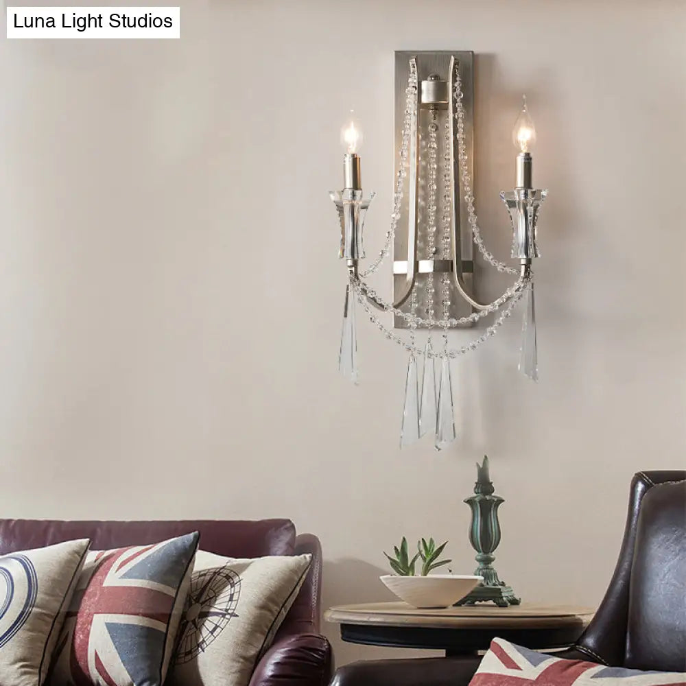 French Country Style 2-Bulb Candle Wall Lamp With Crystals - Brushed Silver Metal Light