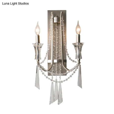 French Country Style 2-Bulb Candle Wall Lamp With Crystals - Brushed Silver Metal Light