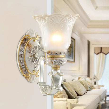 French Country Wall Sconce Light With Carved Flower Detail - Bloom Hallway Lamp White