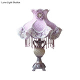 French Lace Trim Night Lamp Fabric Bedroom Table Light - Purple With Resin Vase Base Single Bulb