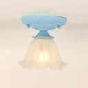 Frost Glass Ruffle Semi Flush Ceiling Light - Single - Bulb Pastoral Bedroom Fixture Blue