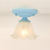 Frost Glass Ruffle Semi Flush Ceiling Light - Single - Bulb Pastoral Bedroom Fixture Blue