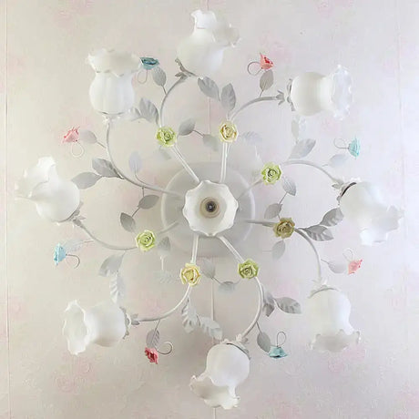 Frosted Cream Glass Ruffle Ceiling Light - 9 Lights Semi Flush Mounted Lamp For Bedrooms Pink/Green