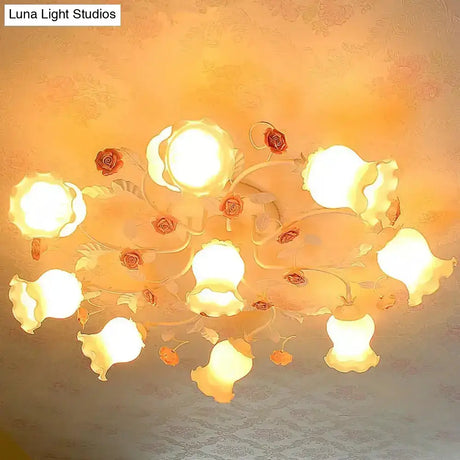 Frosted Cream Glass Ruffle Ceiling Light - 9 Lights Semi Flush Mounted Lamp For Bedrooms Pink/Green