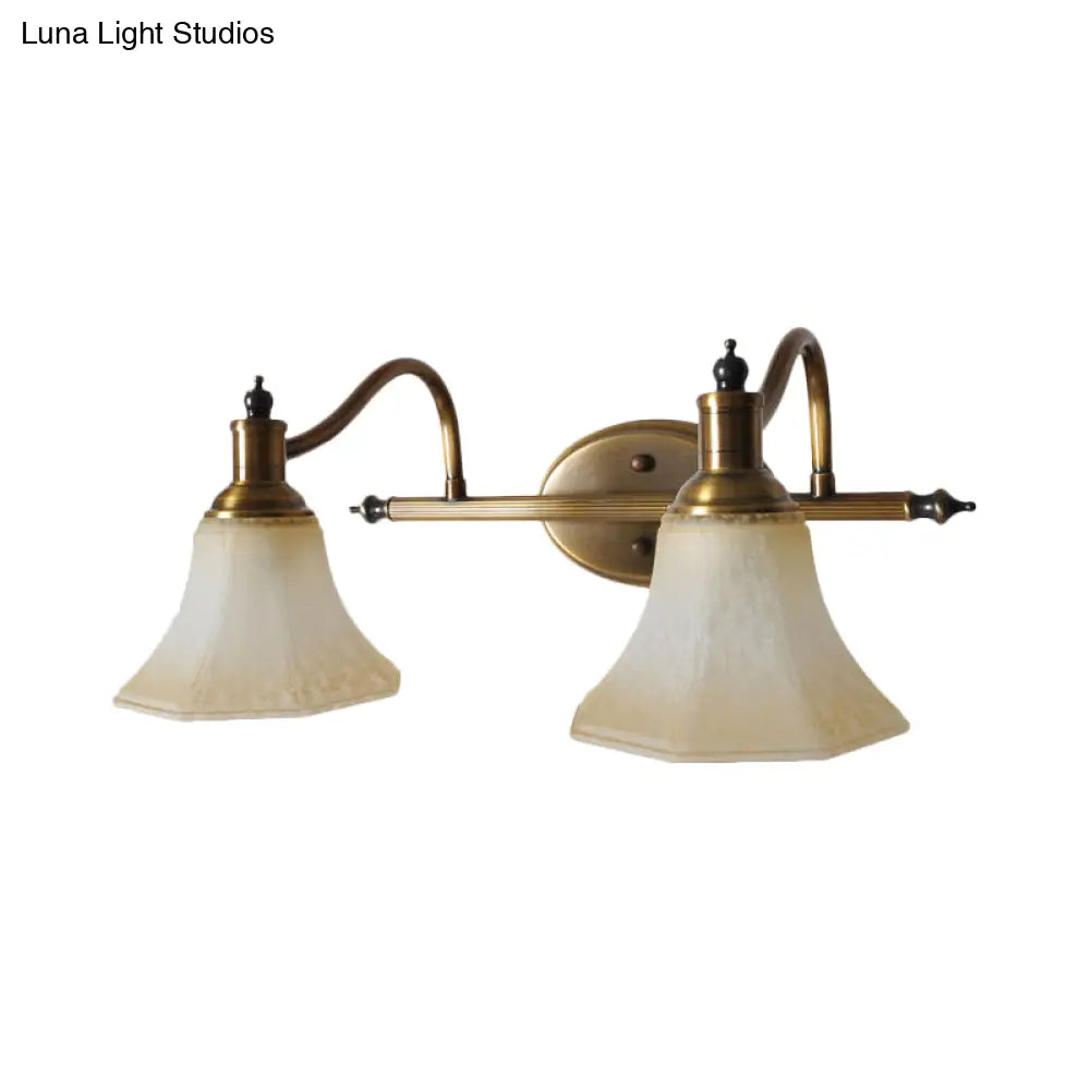 Frosted Glass Bell Vanity Light With Metal Swooping Arm - Antique Gold 2/3 Bulbs Bathroom Sconce
