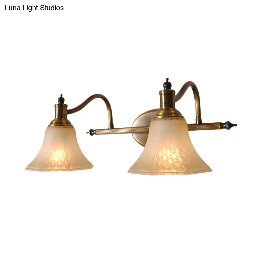 Frosted Glass Bell Vanity Light With Metal Swooping Arm - Antique Gold 2/3 Bulbs Bathroom Sconce