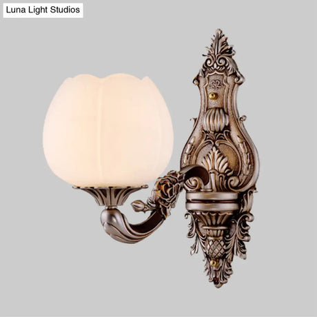 Frosted Glass Bloom Wall Light Vintage Sconce For Living Room With Curved Arm In Coffee