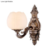 Frosted Glass Bloom Wall Light Vintage Sconce For Living Room With Curved Arm In Coffee