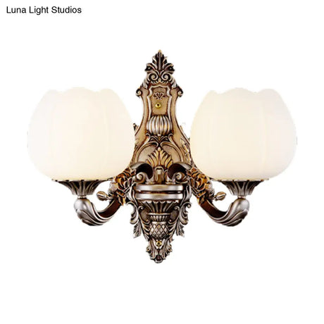 Frosted Glass Bloom Wall Light Vintage Sconce For Living Room With Curved Arm In Coffee