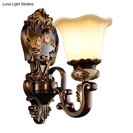 Frosted Glass Bloom Wall Sconce Light Fixture For Bedroom - Brown 1/2 Heads Countryside Lighting