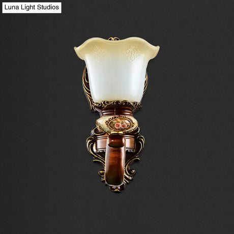 Frosted Glass Bloom Wall Sconce Light Fixture For Bedroom - Brown 1/2 Heads Countryside Lighting