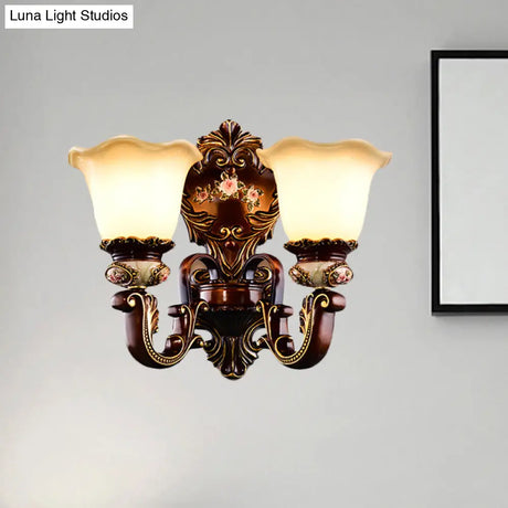 Frosted Glass Bloom Wall Sconce Light Fixture For Bedroom - Brown 1/2 Heads Countryside Lighting