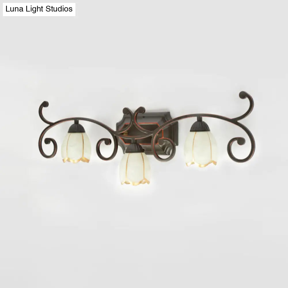 Frosted Glass Blossom Vanity Lamp: Antiqued 2/3 Heads Bathroom Twig Design Wall Lighting (Red Brown)