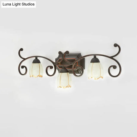 Frosted Glass Blossom Vanity Lamp: Antiqued 2/3 Heads Bathroom Twig Design Wall Lighting (Red Brown)