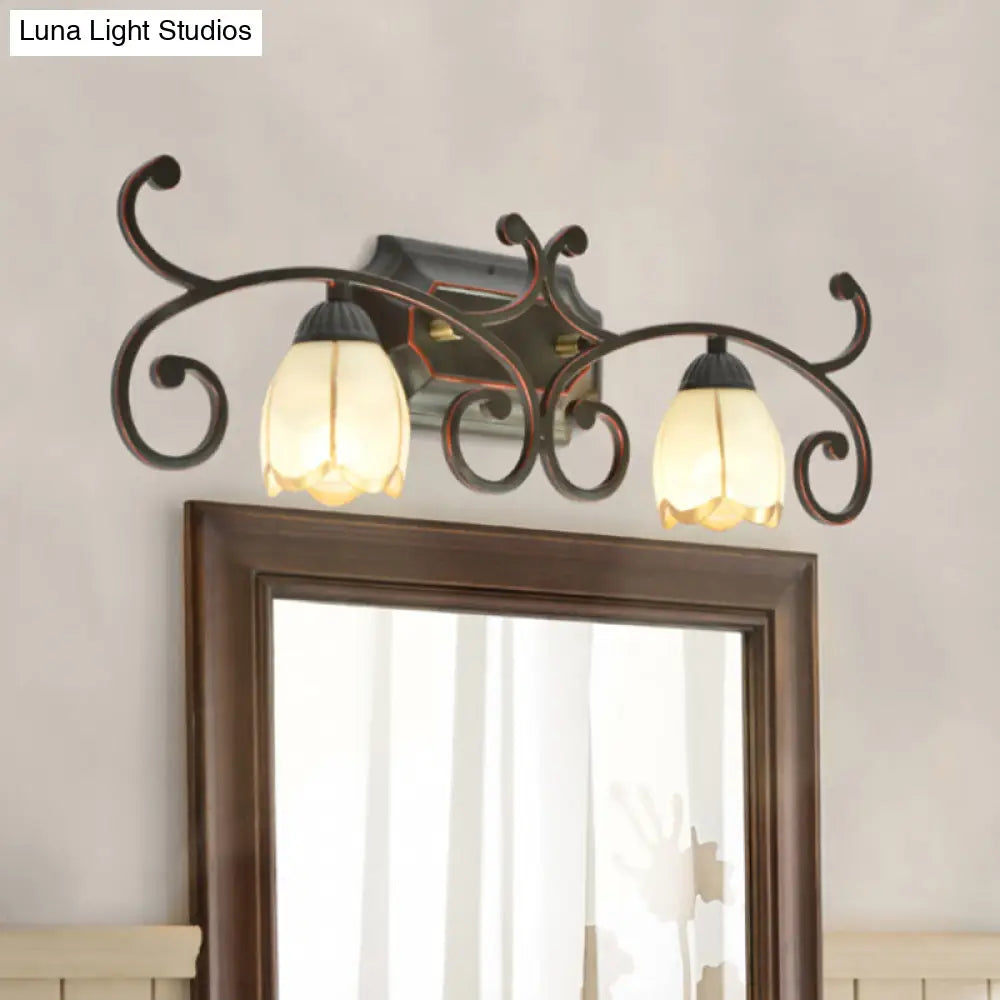Frosted Glass Blossom Vanity Lamp: Antiqued 2/3 Heads Bathroom Twig Design Wall Lighting (Red Brown)