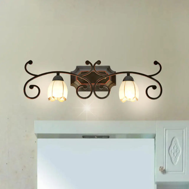 Frosted Glass Blossom Vanity Lamp: Antiqued 2/3 Heads Bathroom Twig Design Wall Lighting (Red Brown)