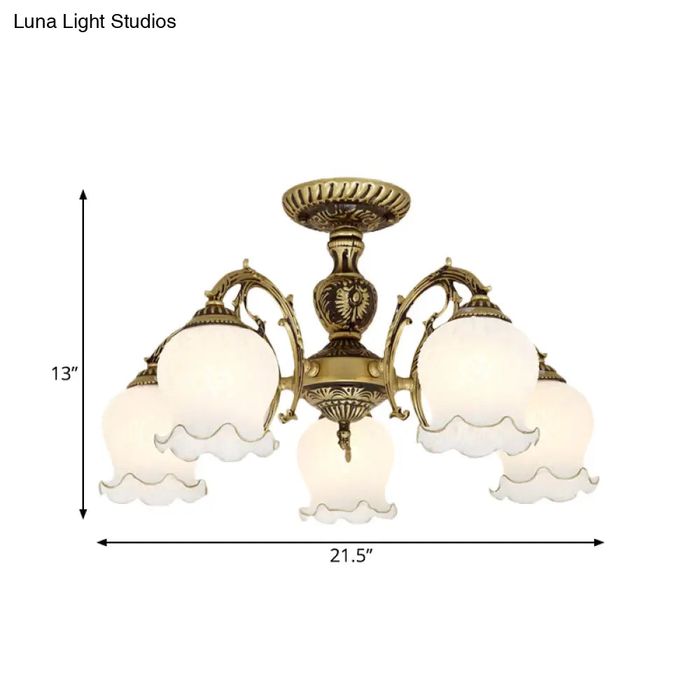 Frosted Glass Bronze Semi Flush Ceiling Lamp With Flower Design - 3/5/6 - Bulb Antique Lighting