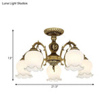 Frosted Glass Bronze Semi Flush Ceiling Lamp With Flower Design - 3/5/6 - Bulb Antique Lighting