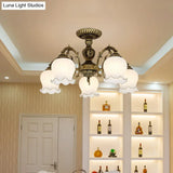 Frosted Glass Bronze Semi Flush Ceiling Lamp With Flower Design - 3/5/6 - Bulb Antique Lighting